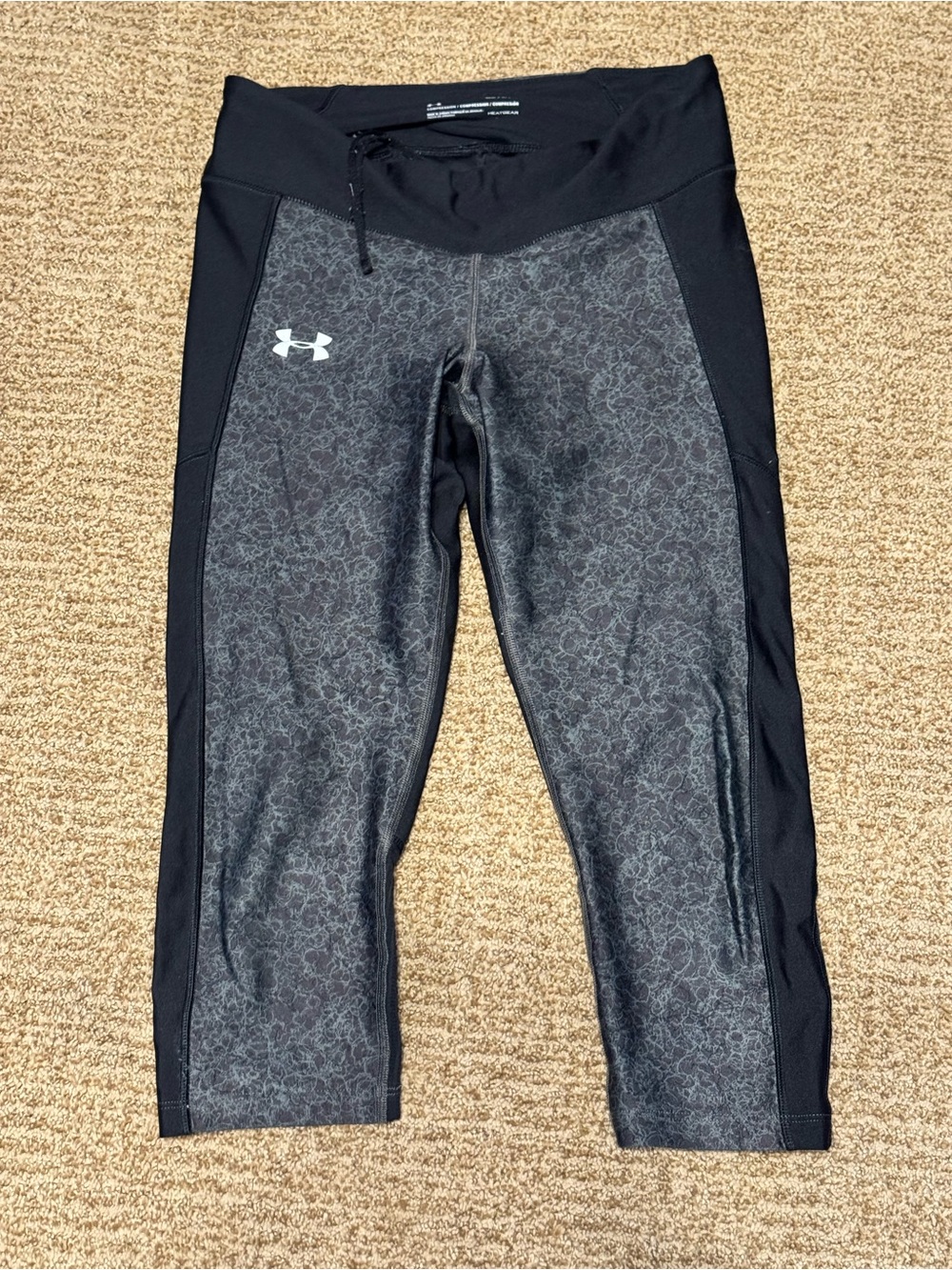 Under Armour Black and Gray Capri Leggings with Waist Drawcord